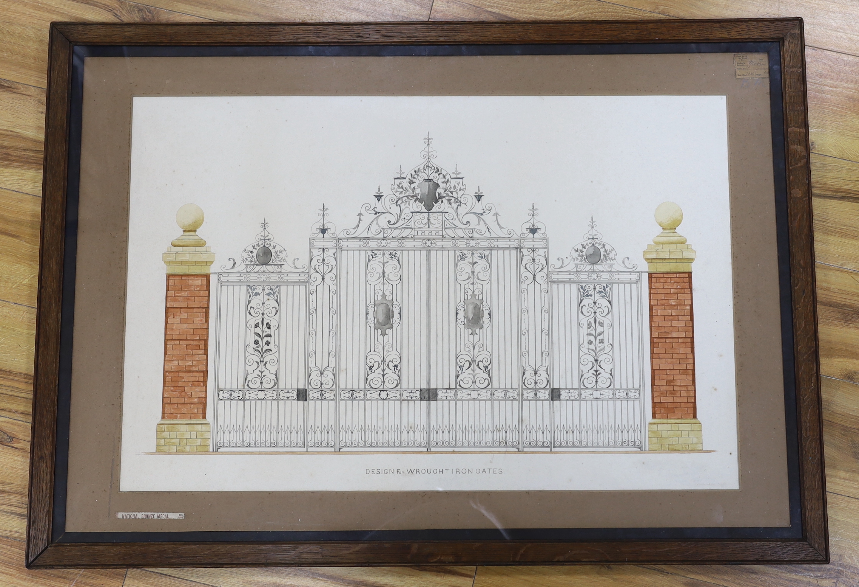 Late 19th century watercolour, architectural student’s design for a pair of wrought iron gates, 86 x 56cm